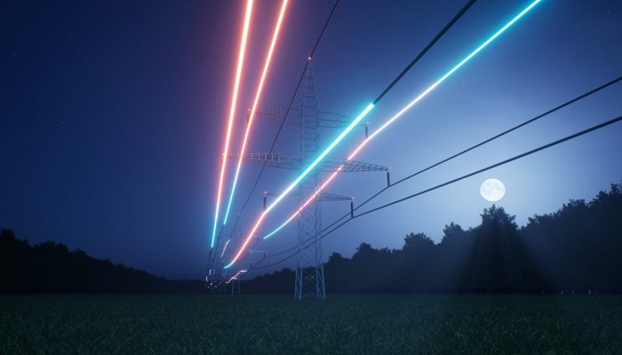 Visualization of energy flowing through power tower lines over night sky. Infrastructure ensuring transmission of electricity through voltage distribution cables, 3D render animation
